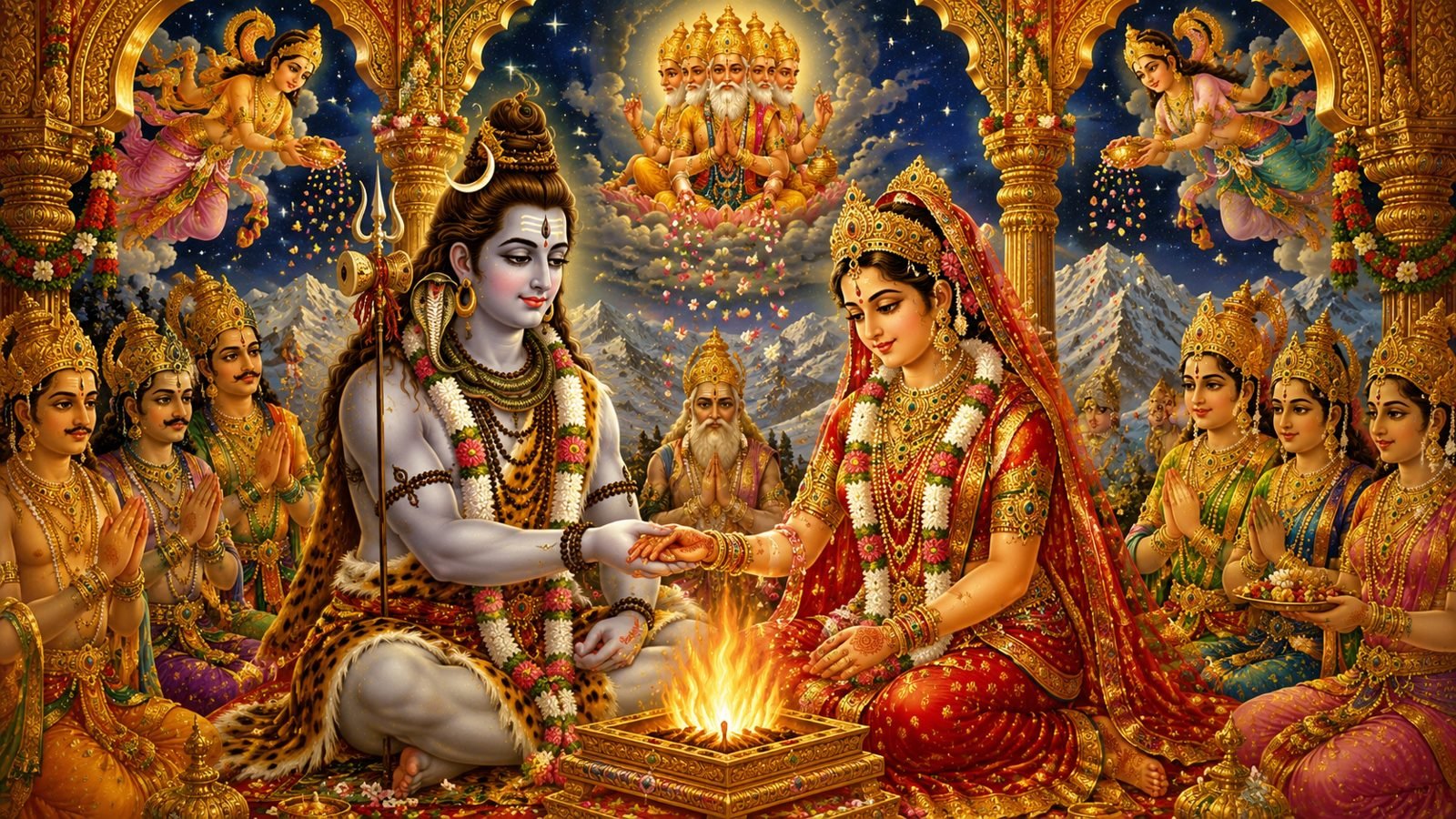 The divine wedding of Sati and Shiva in the Himalayas