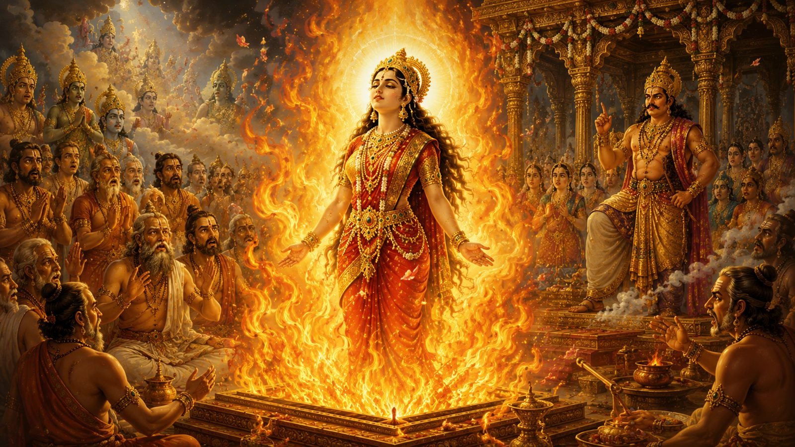 Sati Devi self-immolating in the fire of yoga at Daksha's Yagna
