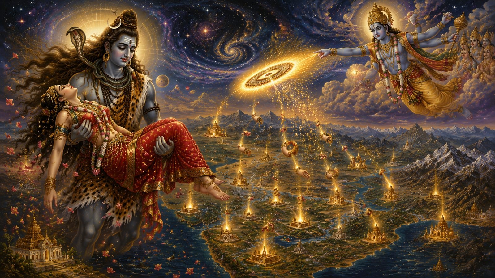 Lord Shiva carrying the body of Goddess Sati across the cosmos, origin of the Shakti Peethas
