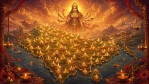 Devotional map of India's 51 Shakti Peethas glowing with golden light