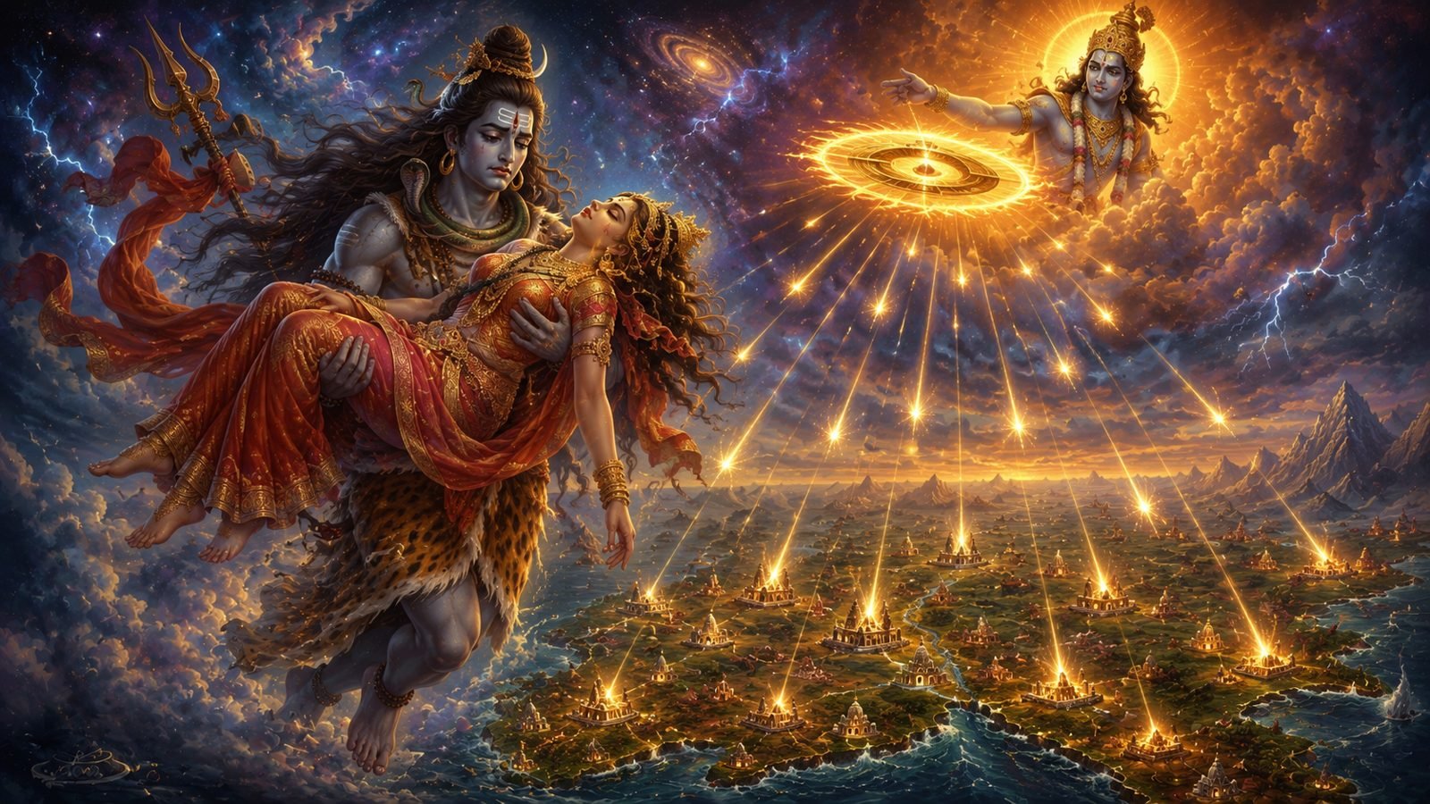 Lord Shiva carrying Sati as Vishnu's Sudarshana Chakra forms the Shakti Peethas