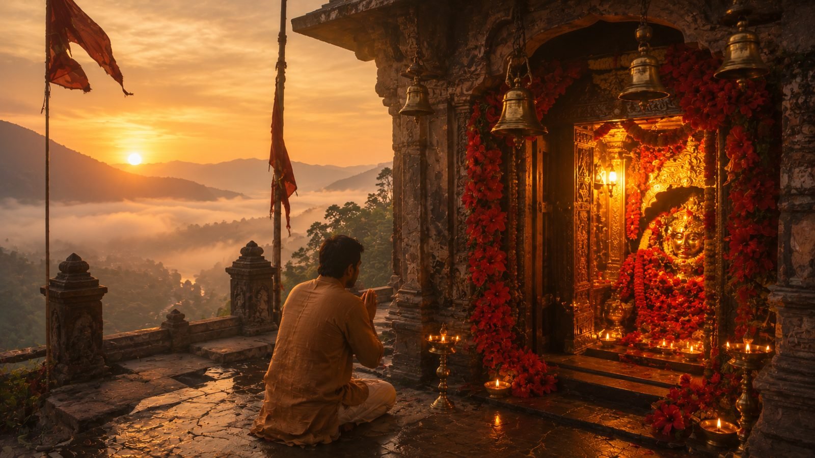 A serene hilltop Shakti Peetha temple at sunrise