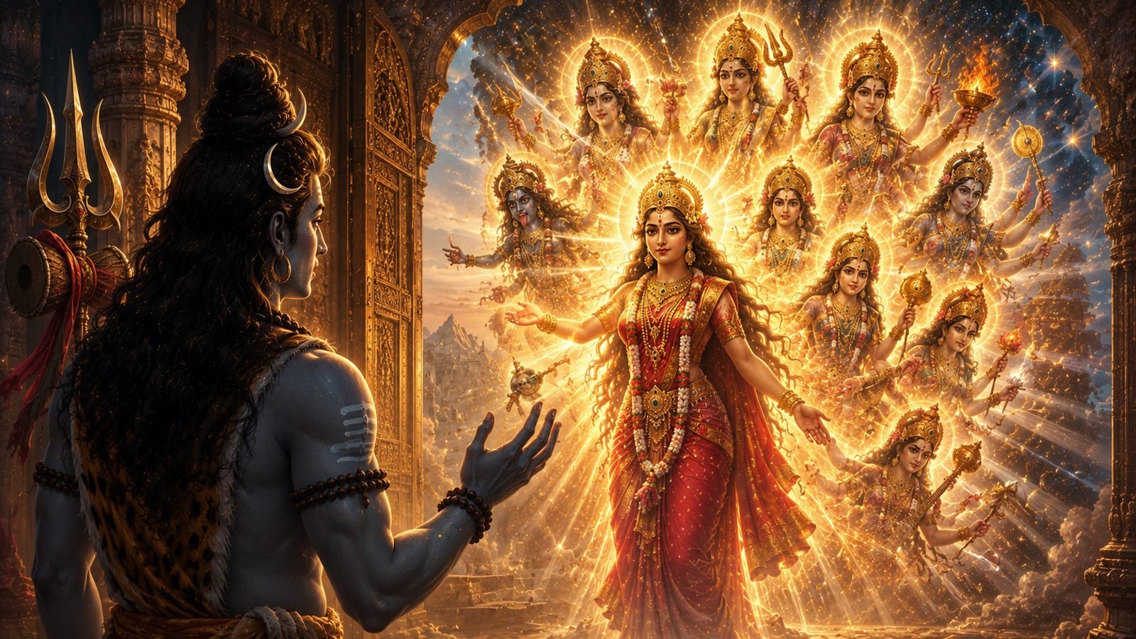 Sati revealing her cosmic Divine Mother form to Lord Shiva