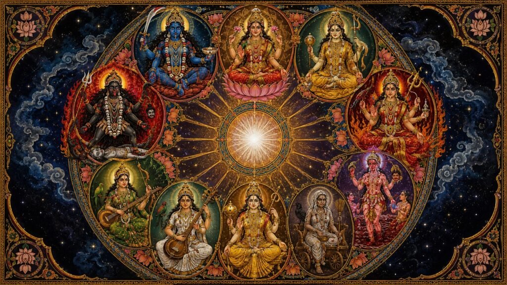 The ten Mahavidyas in a cosmic mandala, the subject of these Mahavidya guides