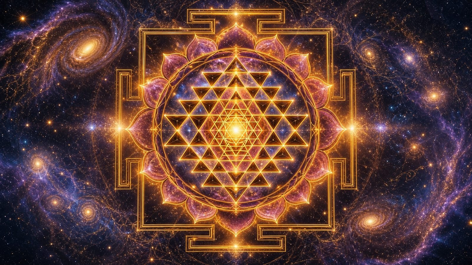 The Sri Yantra as a glowing cosmic mandala, the geometric form of Adi Parashakti
