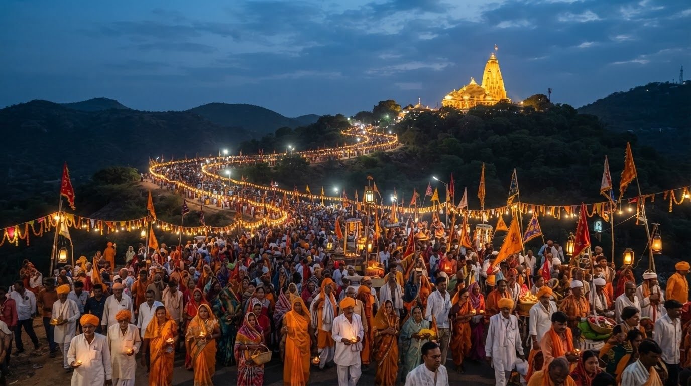 A river of pilgrims walking to Ambaji during Bhadarvi Poonam