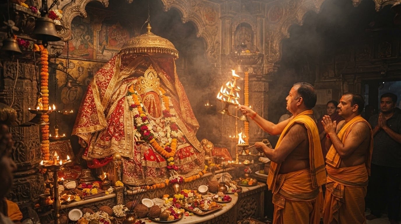 The veiled Visa Yantra in the Ambaji sanctum during aarti