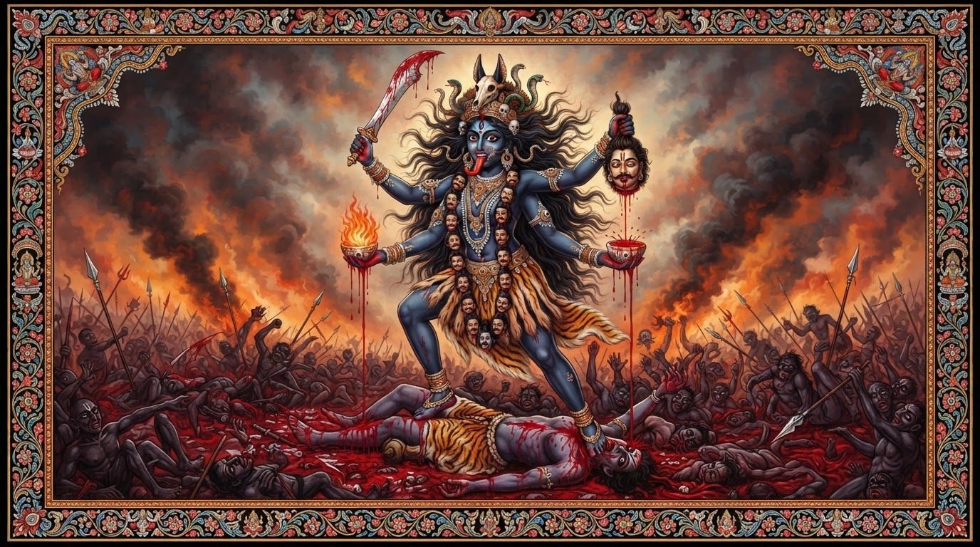 Kali as Chamunda on the battlefield, drinking the blood of Raktabija