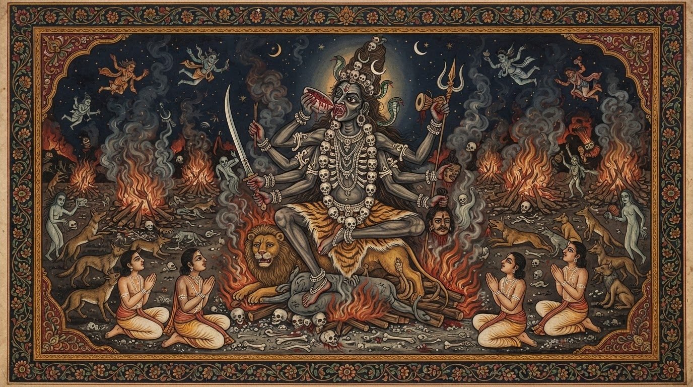 Chamunda as the Smashana Bhairavi, the fierce Kali of the cremation ground