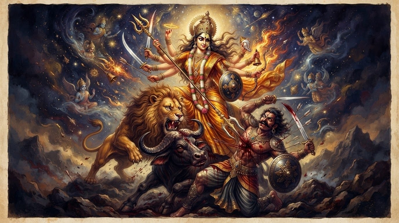 Chamundeshwari astride her lion, slaying the buffalo demon Mahishasura