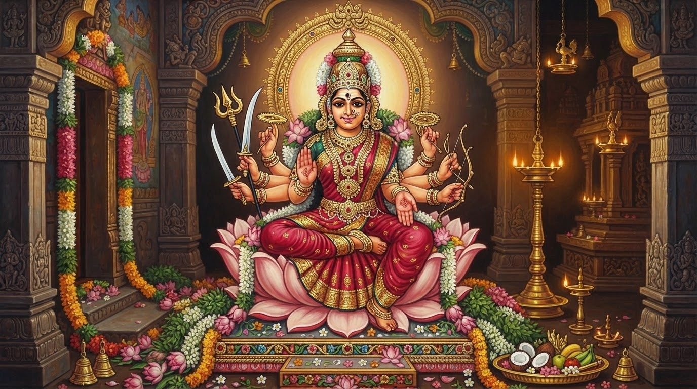 Goddess Chamundeshwari, eight-armed, in the sanctum on Chamundi Hill