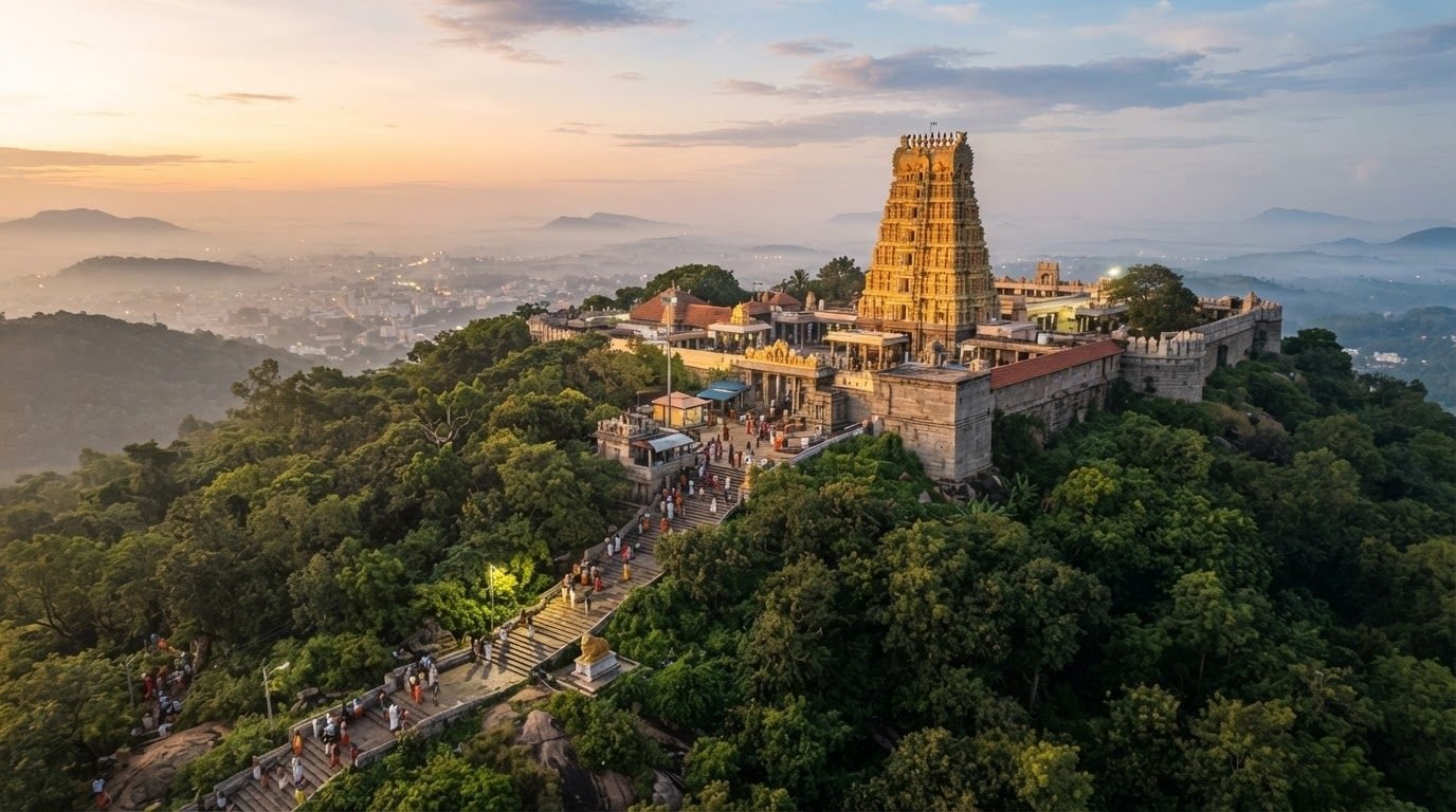 Chamundeshwari Temple on Chamundi Hill, Mysuru, at dawn