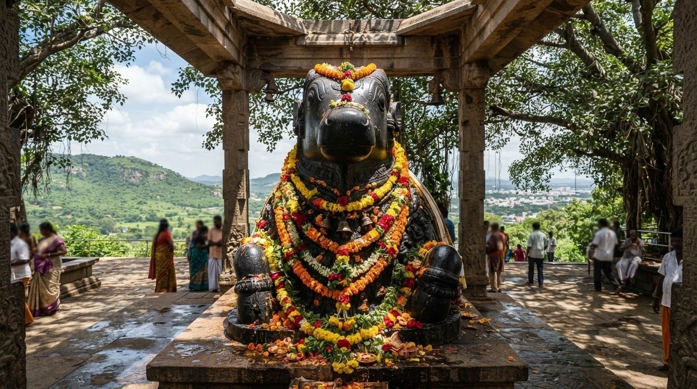 The colossal monolithic Nandi bull on Chamundi Hill at dawn