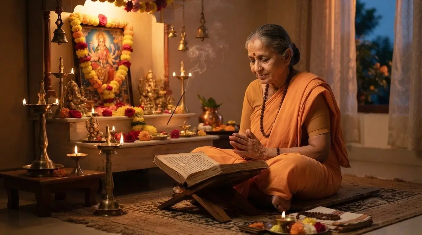 A devotee reciting the Durga Chalisa before a lamp-lit home altar at dawn