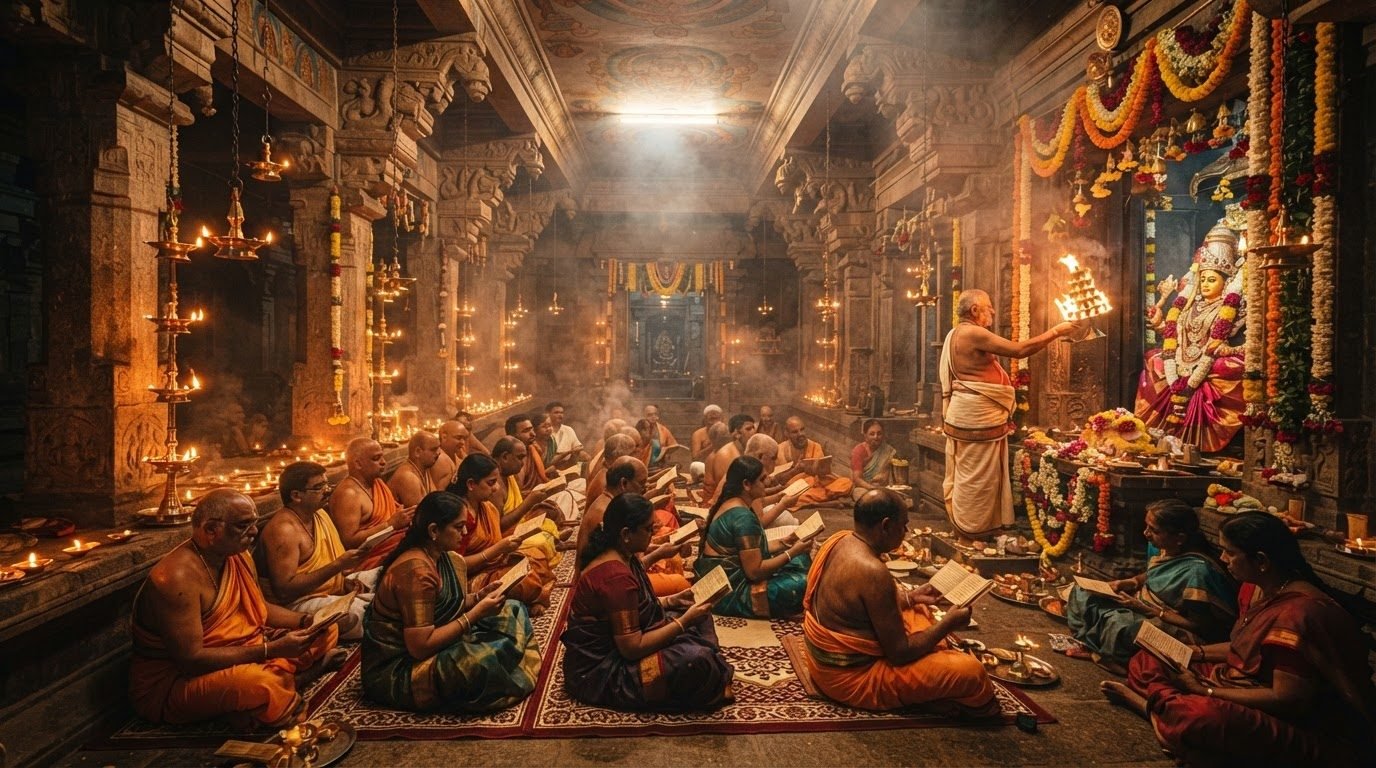 A group reciting the Chandi Path in a temple during Navratri