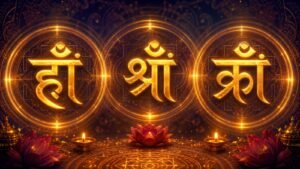 The beej syllables of the Goddess radiating light against deep indigo
