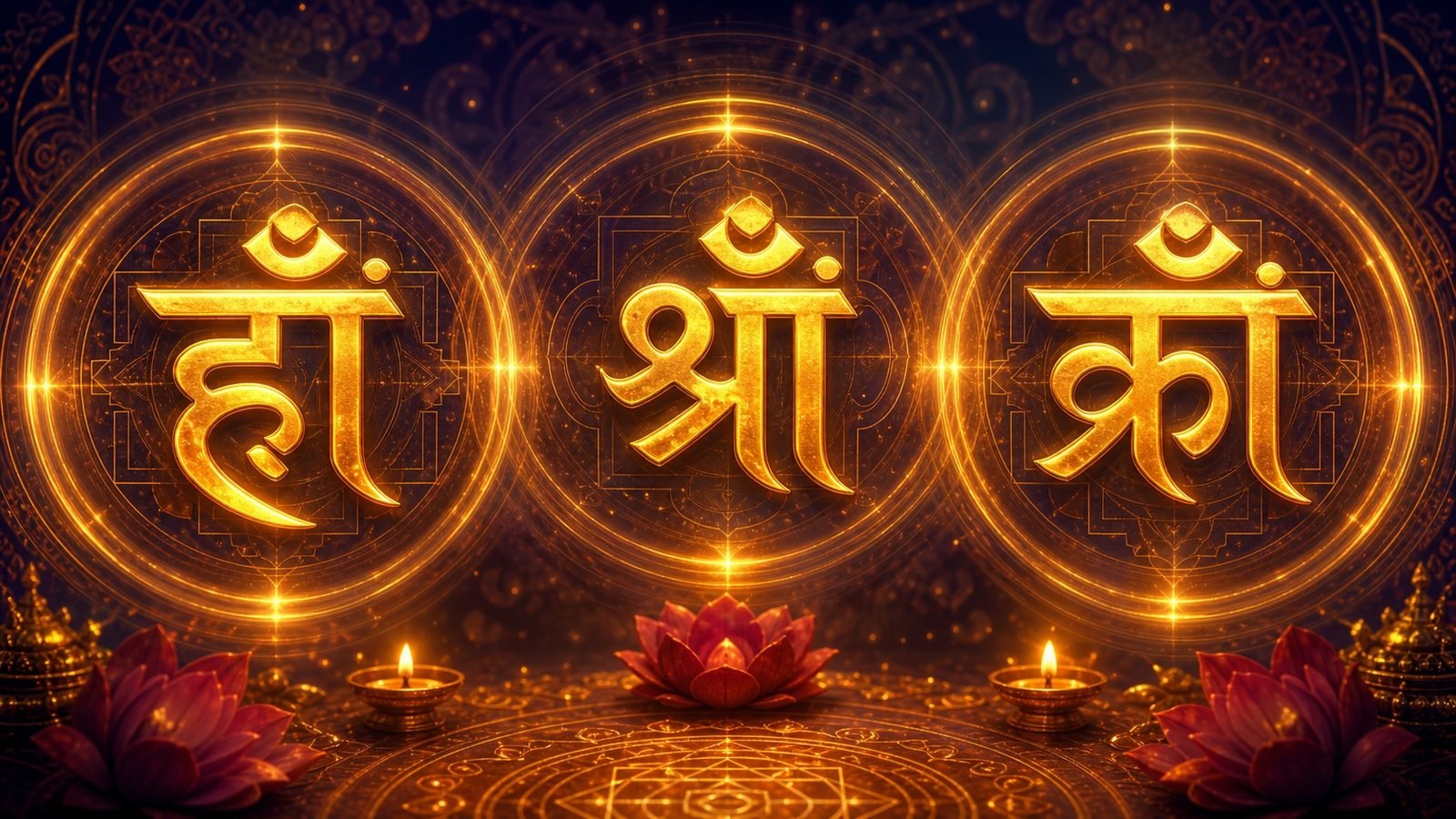 The beej syllables of the Goddess radiating light against deep indigo