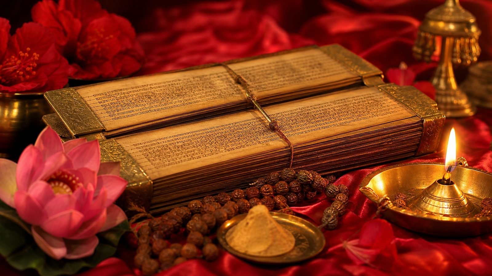 An illuminated palm-leaf manuscript of a Sanskrit Devi scripture resting on red silk