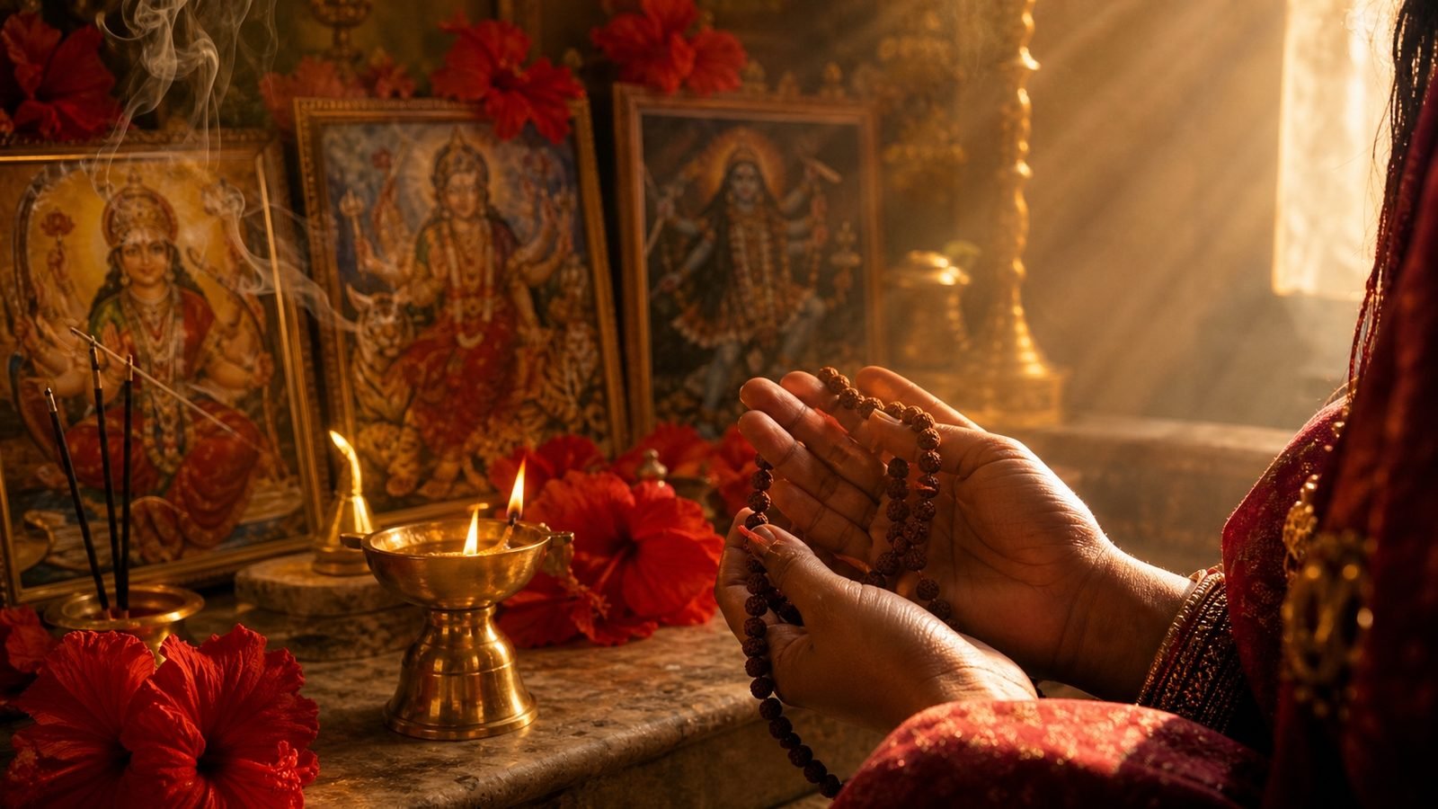 A devotee's hands holding a rudraksha mala before a softly lit home altar