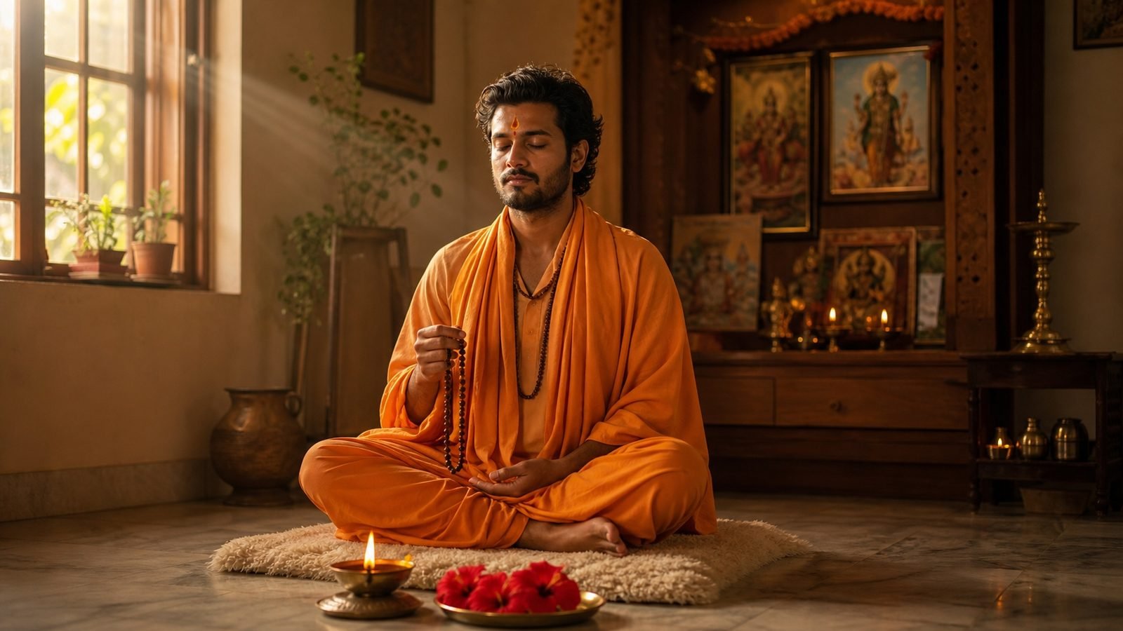 A devotee performing japa on a rudraksha mala