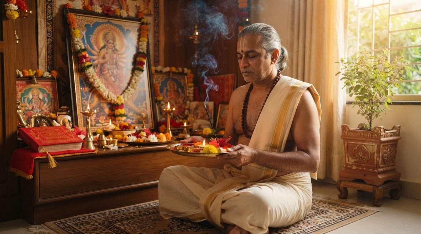 A devotee reciting the stotram at home at dawn