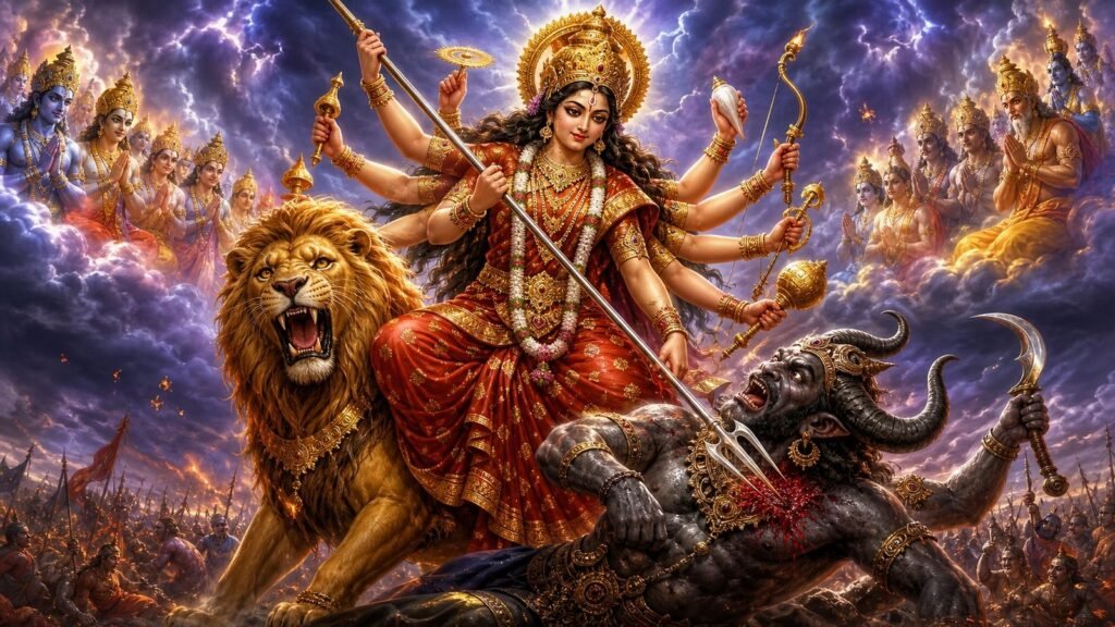 Durga as Mahishasura Mardini, ten-armed and serene, on the battlefield