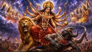 Durga as Mahishasura Mardini, ten-armed and serene, on the battlefield