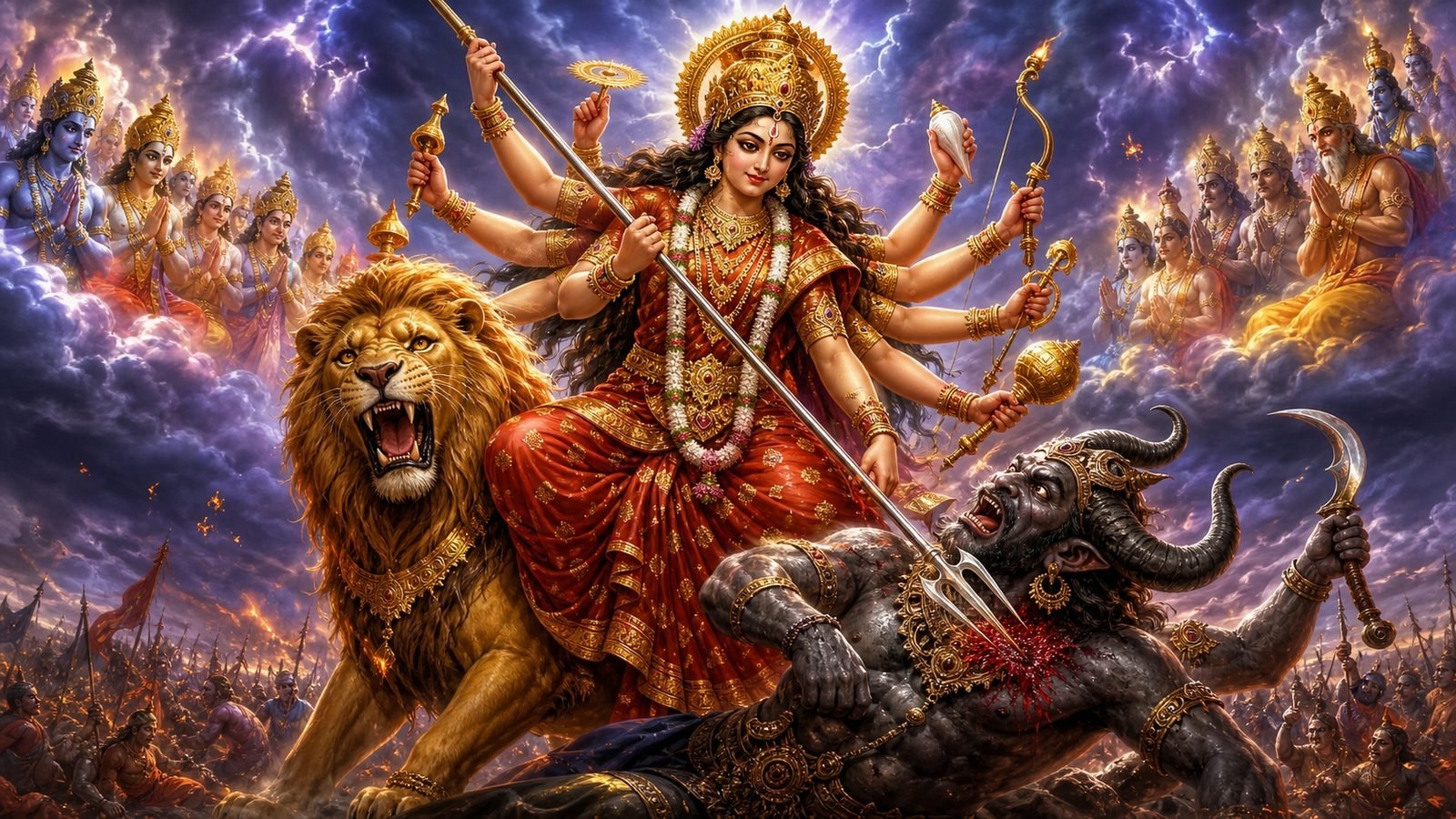 Durga as Mahishasura Mardini, ten-armed and serene, on the battlefield