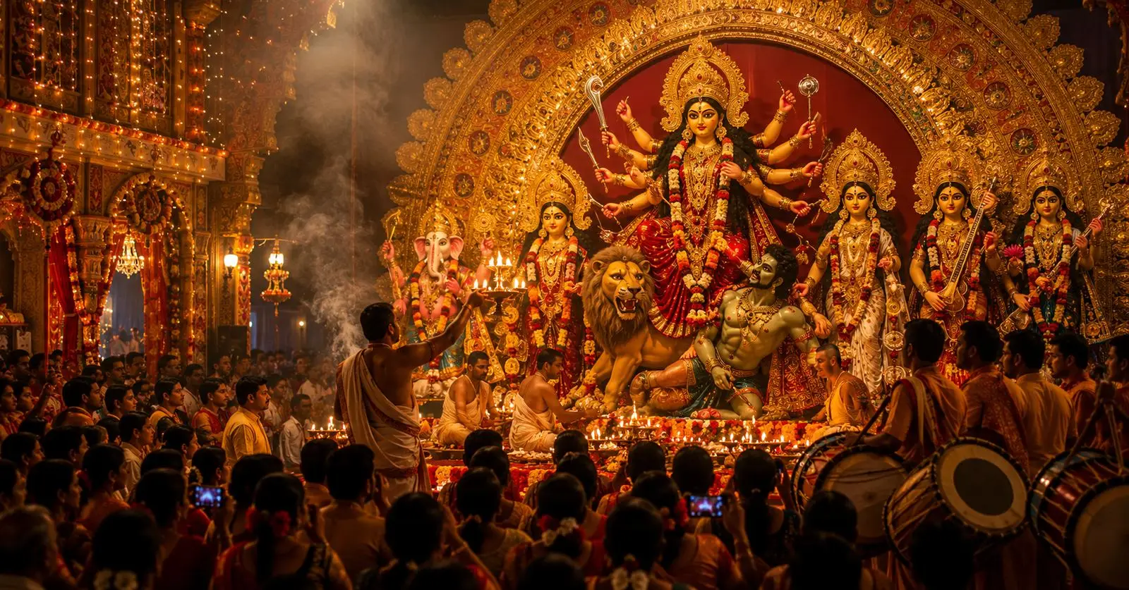 A Durga Puja pandal at dusk with an idol of Durga on her lion, diyas and devotees during aarti