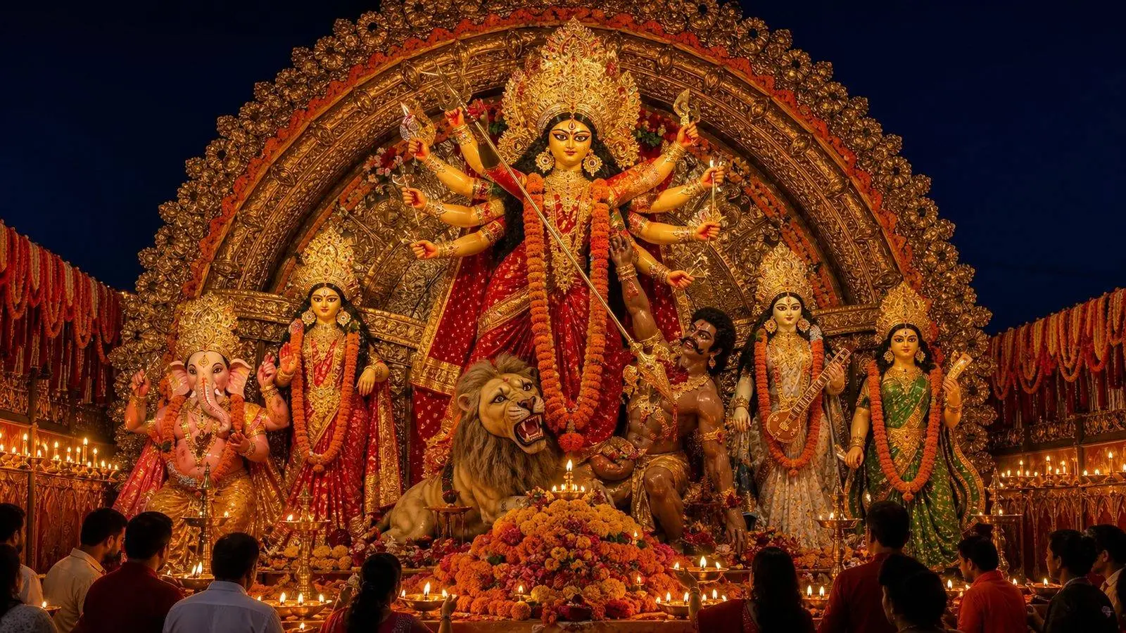 A decorated Durga Puja pandal with the idol of Durga during Navratri