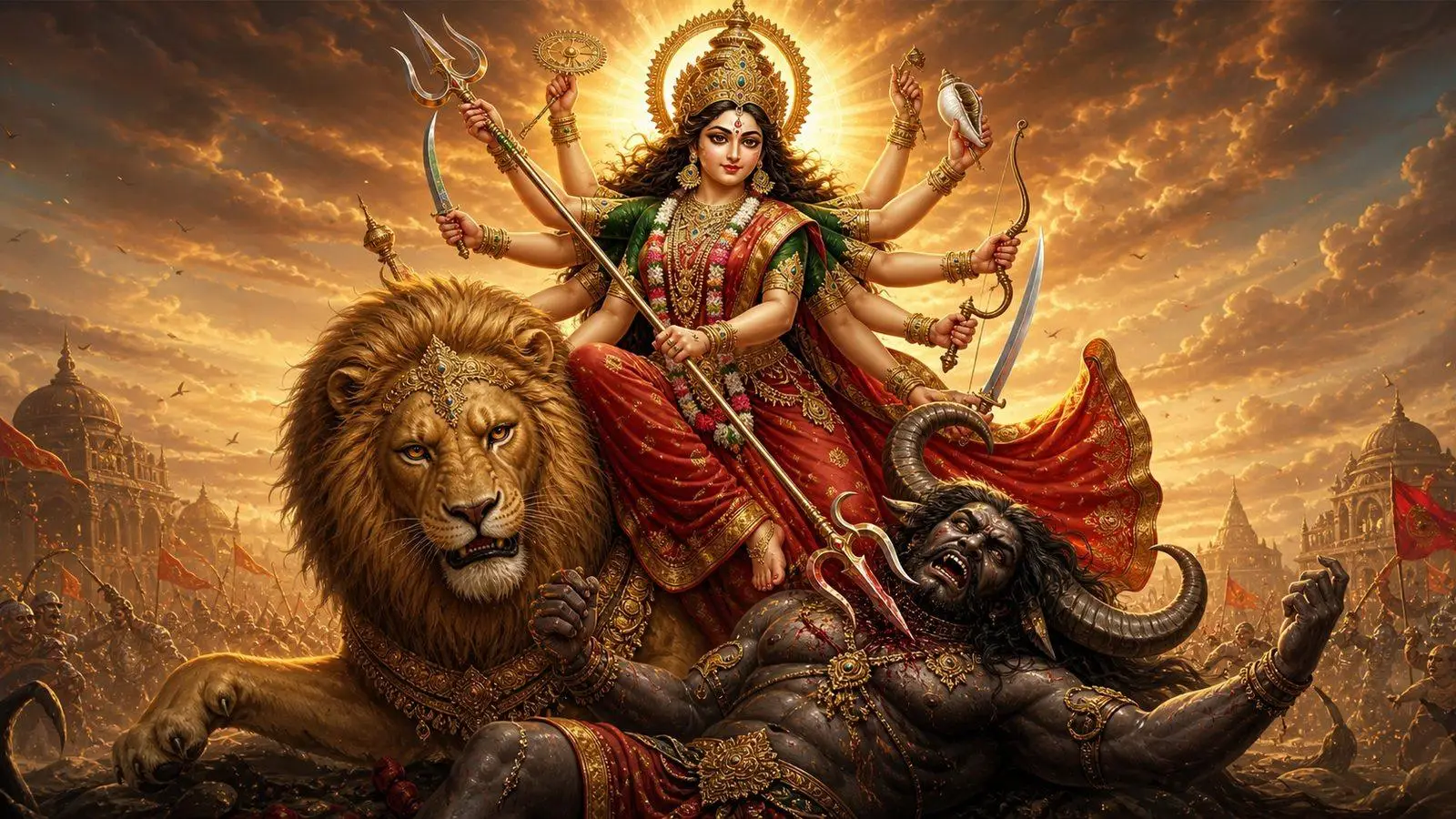 Goddess Durga astride her lion, slaying the buffalo demon Mahishasura with her trident