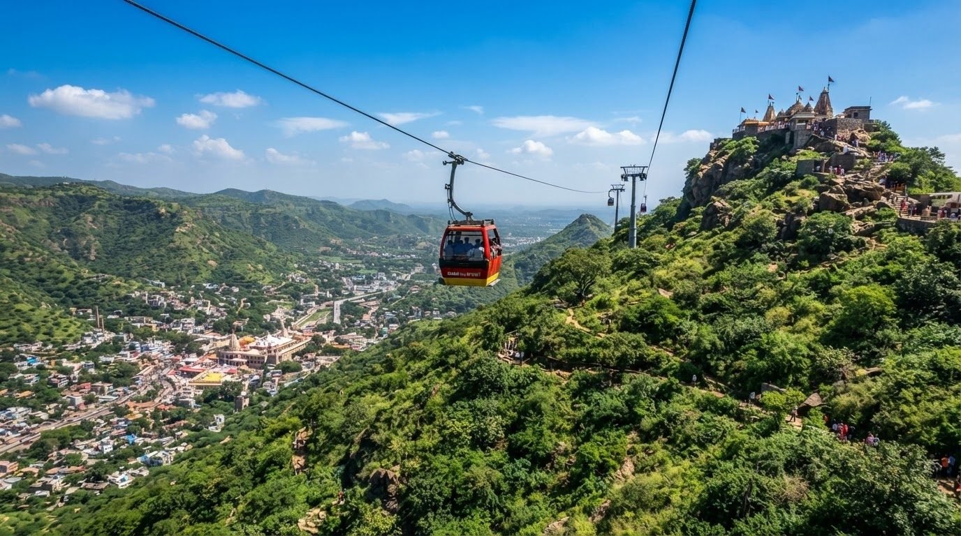 The Gabbar Hill ropeway rising above Ambaji