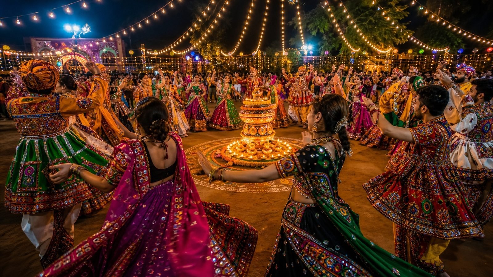 Garba and dandiya dancers in mirror-work chaniya choli celebrating Navratri