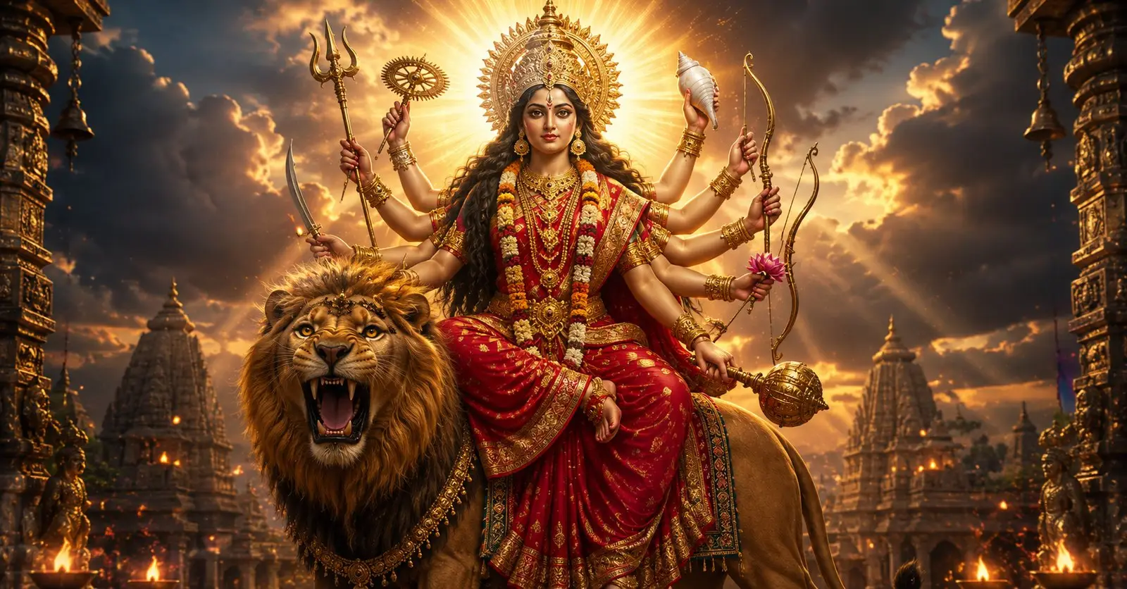 Goddess Durga seated on her lion, her ten arms holding divine weapons, haloed in golden light