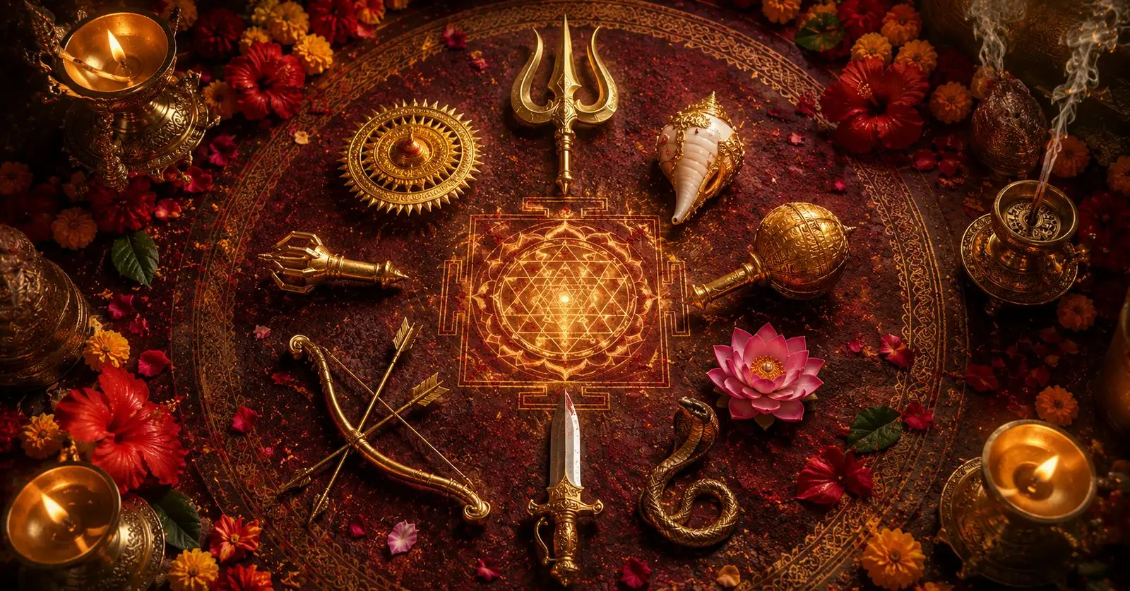 Durga's nine weapons - trident, discus, conch, bow, sword, mace, lotus and serpent - arranged in a mandala