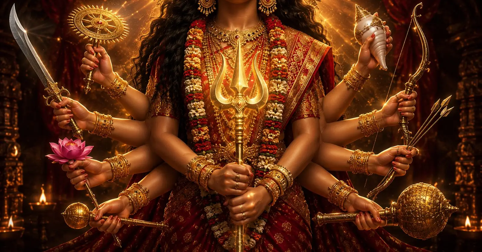 Close-up of Goddess Durga's ten arms, each hand holding a weapon around a central golden trident