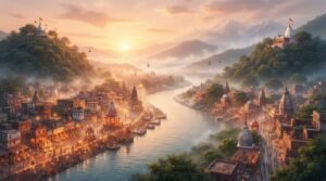 Haridwar at golden dawn, with the three hilltop goddess shrines above the Ganga