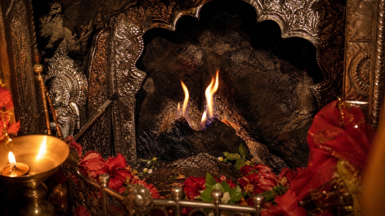 The eternal flames burning in the sanctum of the Jwalamukhi temple