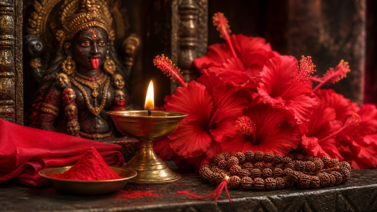 A devotional altar to Goddess Kali with hibiscus flowers and oil lamps