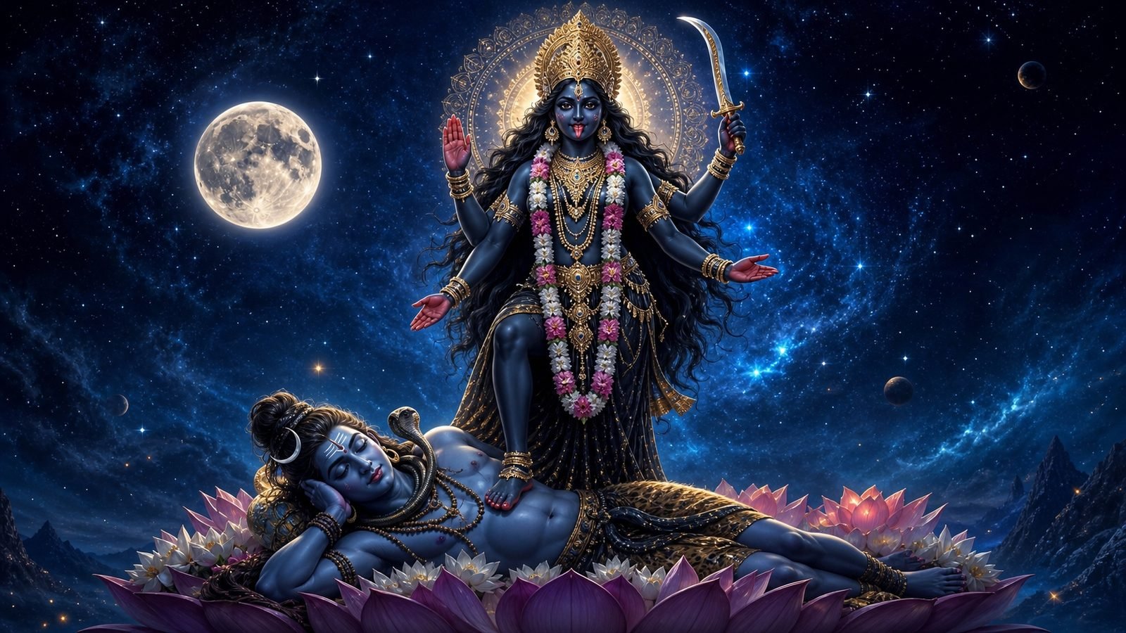 Goddess Kali standing with one foot gently upon the reclining Shiva
