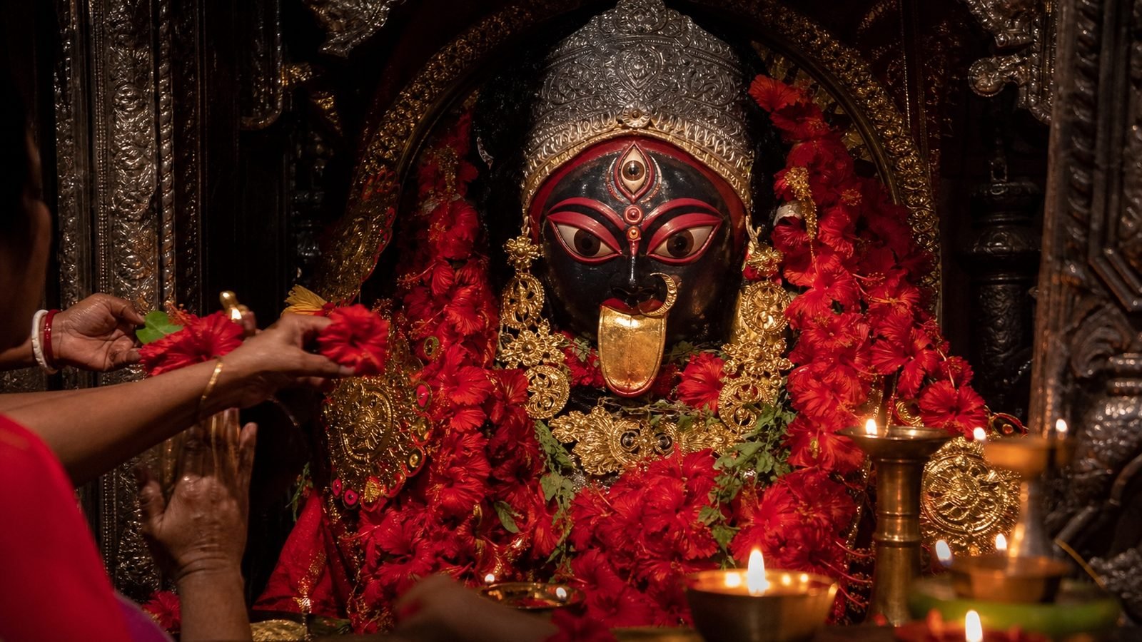 The sanctum image of Goddess Kali at the Kalighat temple in Kolkata