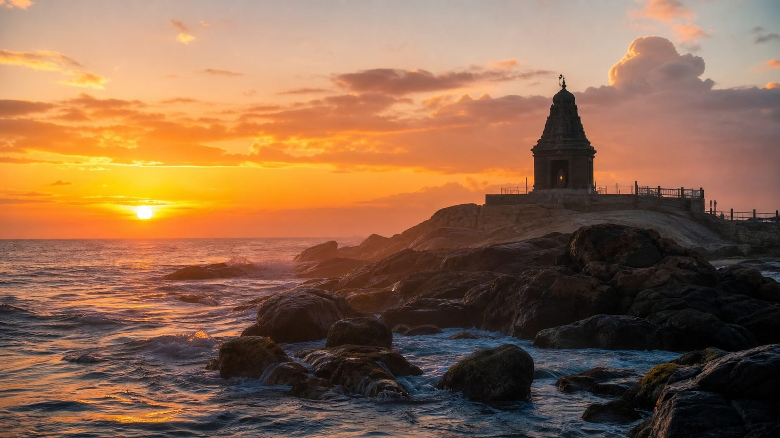 The cape at Kanyakumari where three seas meet, at dawn