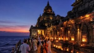 The Kanyakumari Bhagavathy temple, a Shakti Peetha, at dusk
