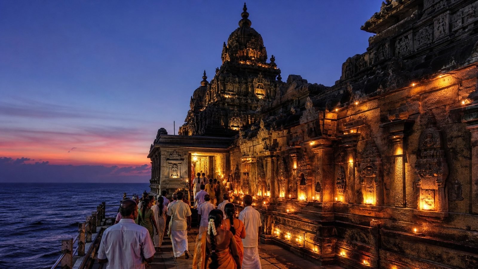 The Kanyakumari Bhagavathy temple, a Shakti Peetha, at dusk