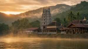 The Mookambika temple at Kollur beside the Souparnika river at dawn