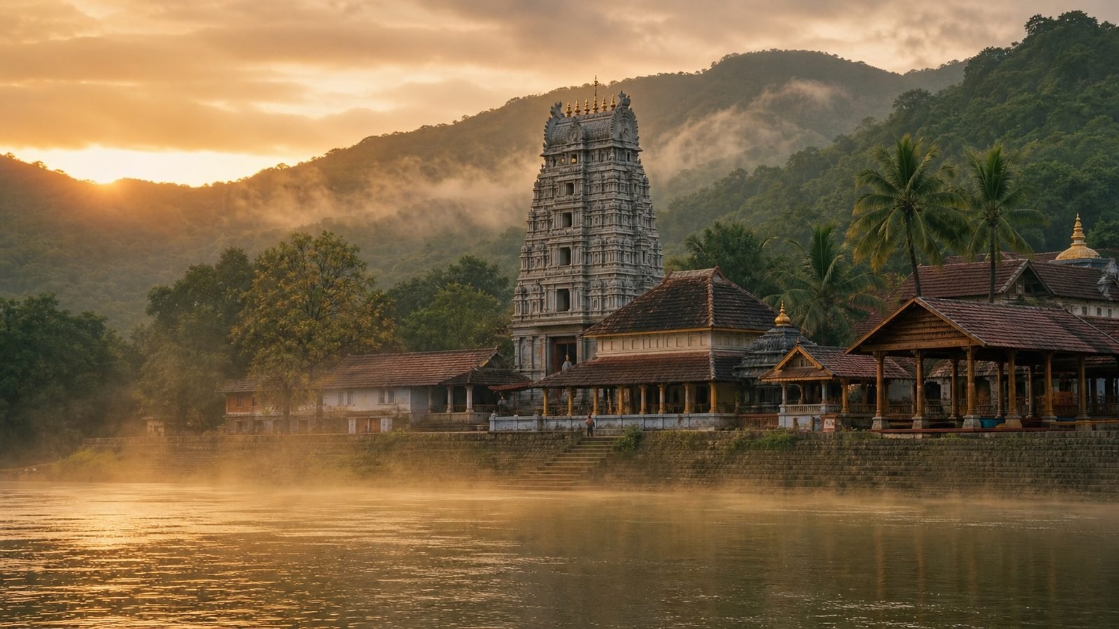 The Mookambika temple at Kollur beside the Souparnika river at dawn
