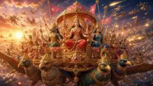 Goddess Lalita Tripura Sundari seated on a lotus throne, the deity of the Lalita Sahasranamam