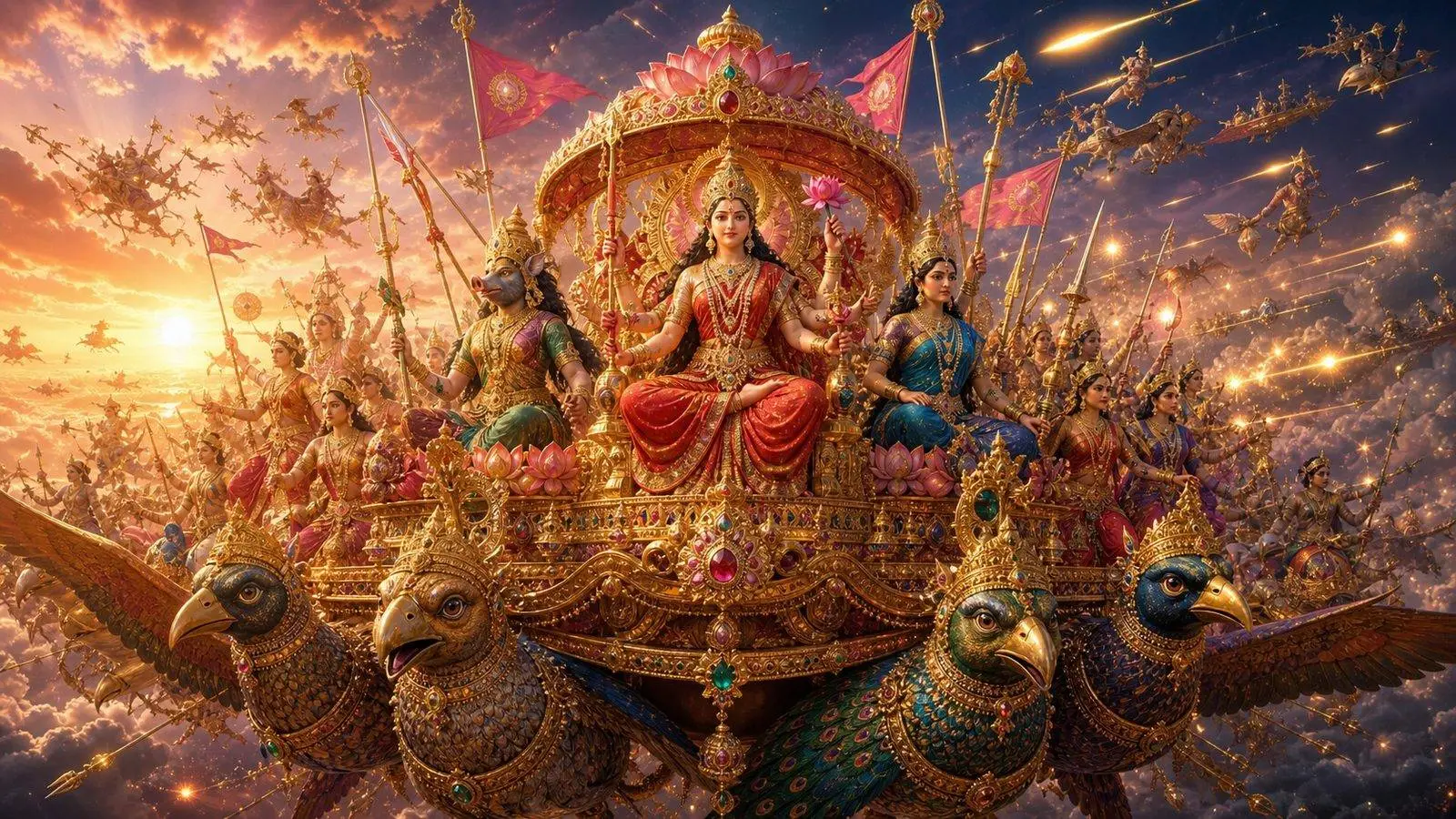 Goddess Lalita Tripura Sundari seated on a lotus throne, the deity of the Lalita Sahasranamam