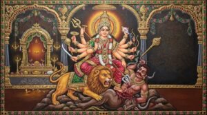 Goddess Durga riding her lion, the Devi of the Mahishasura Mardini Stotram