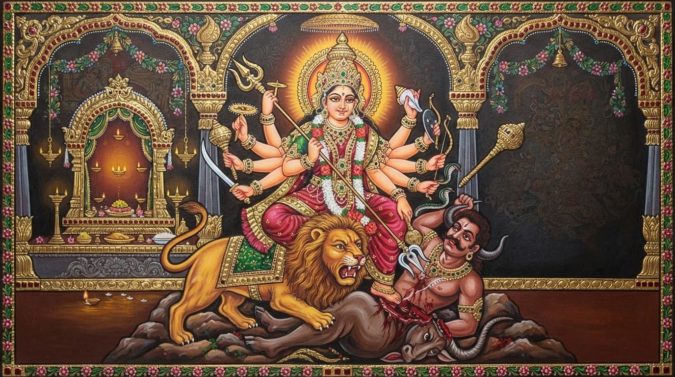 Goddess Durga riding her lion, the Devi of the Mahishasura Mardini Stotram